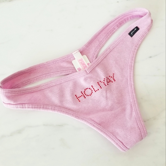 Victoria's Secret PINK Rhinestone Crystal Holiyay Ribbed Thong Panty NWT - Picture 3 of 12
